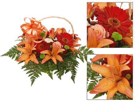 Cesta Flores Laranja e Vermelho - Entrega de Flores Arranjos Bouquets Cestos Floristas Loja de Flores